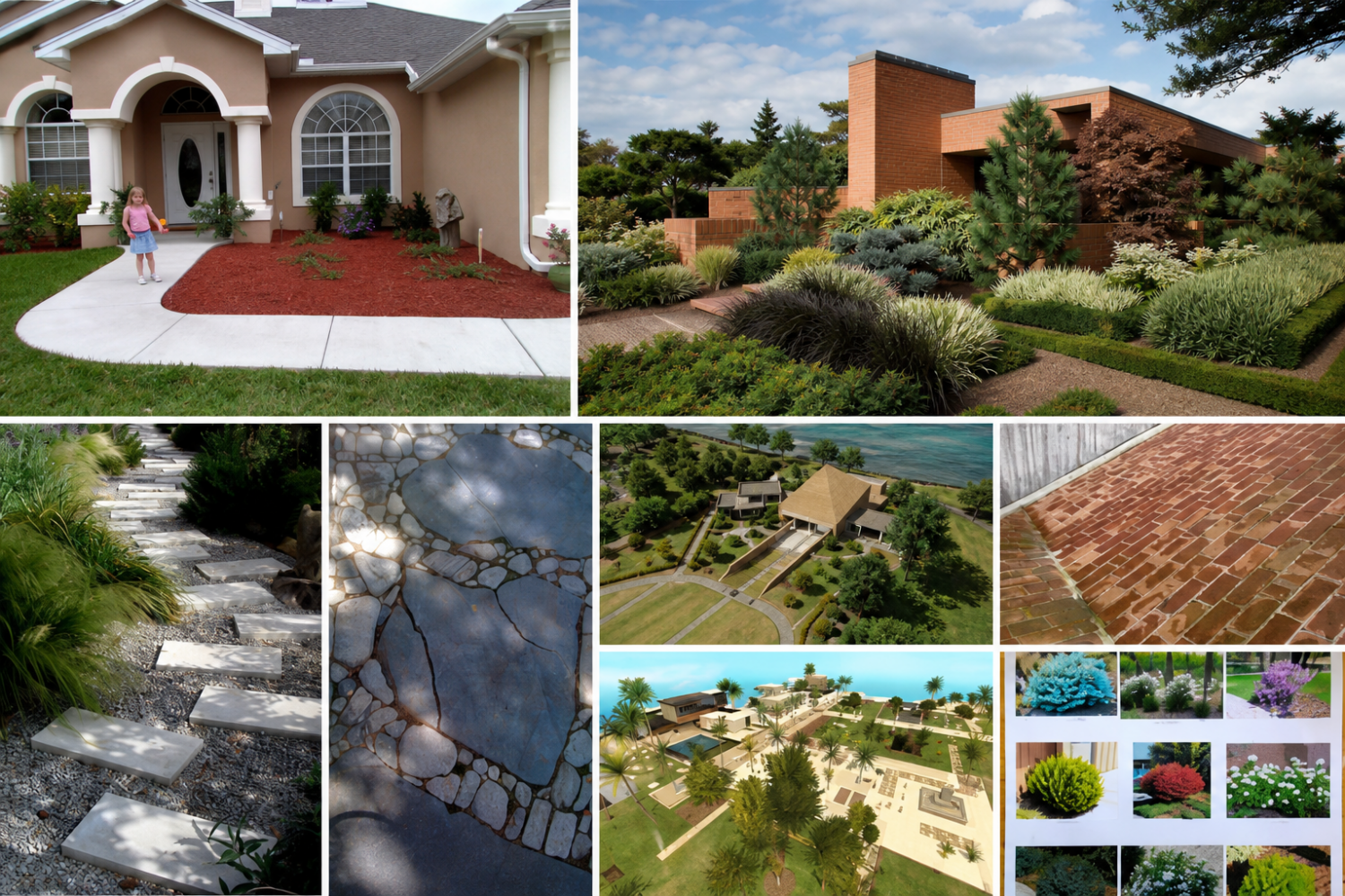 modern landscaping around a brick house