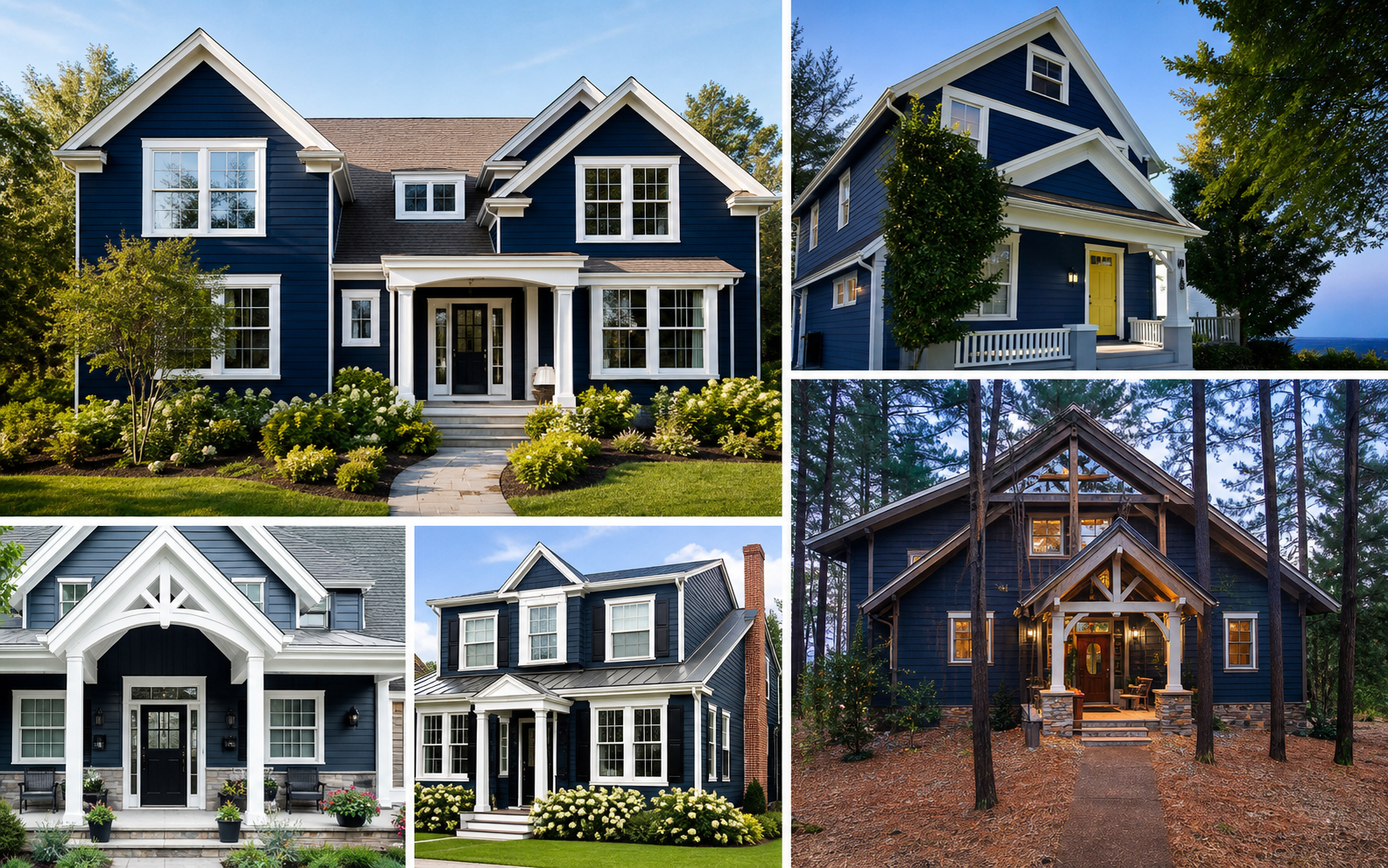 navy blue house with white windows