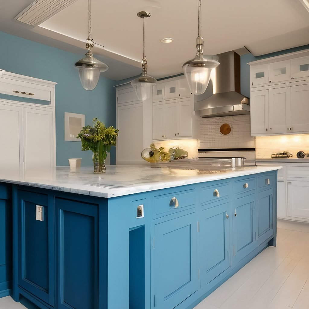 Shaker White Kitchen with Blue Island Ideas Architecture Adrenaline