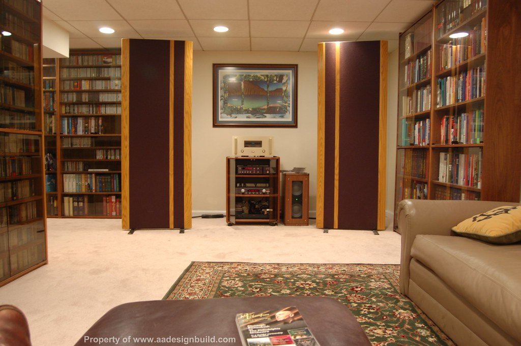 Powder room interior with layered lighting and finished basement design details