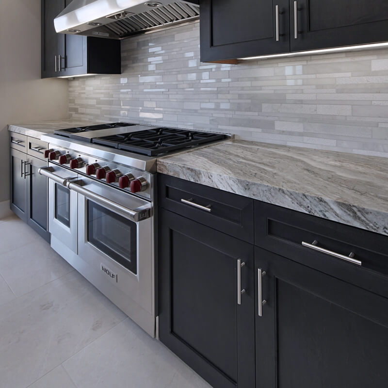 Kitchen backsplash and countertop material pairing detail