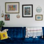 blue sofa with white and blue towel