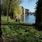 Photo of a small city park along the canal water in Amsterdam. A beautiful place for people and tourists to rest and sit for a while between the large tree trunks. Now it is early Spring in this picture. The weeping willow is already yellow-green in his leaves and hanging branches. The canal water is reflecting the blue sky. Urban nature photography of Amsterdam city - Free urban park photo of The Netherlands by Fons Heijnsbroek.