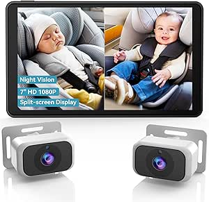 Baby Car Camera for 2-Kids: 7 Inch IPS Display with Dual Carseat Camera, Split Screen, Night Vision, HD 1080P - Easy Install Rear Facing Backseat Camera for Twins