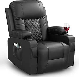Recliner Chairs for Adults, Massage Rocker with Heated Modern Ergonomic Lounge 360 Degree Swivel Single Sofa Seat Living Room Lounge Recliners Black