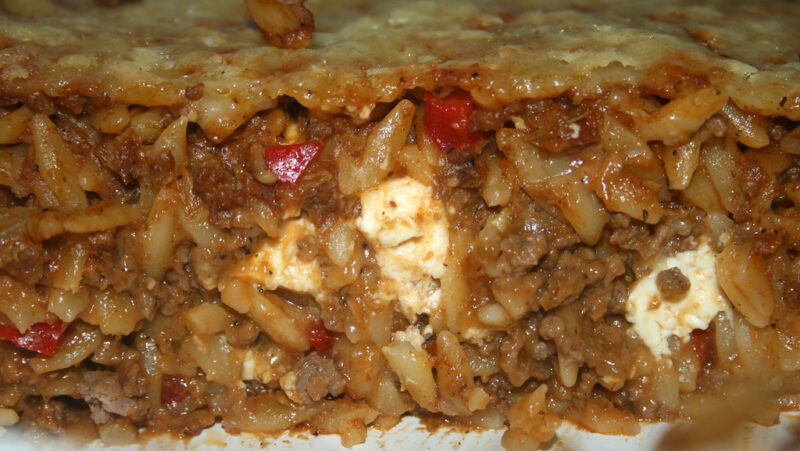 Close-up of orzo dish, known as Kritharaki casserole.