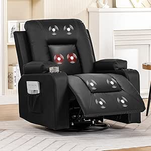 COMHOMA Recliner Chair, Swivel Rocker Recliners, Massage and Heat Reclining Chair, Reclining Sofa with Side Pockets, Cup Holders for Living Room, Bedroom (Black)