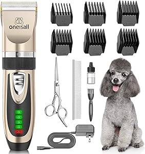 oneisall Dog Clippers Low Noise, 2-Speed Quiet Dog Grooming Kit Rechargeable Cordless Pet Hair Clipper Trimmer Shaver for Small and Large Dogs Cats Animals (Gold)