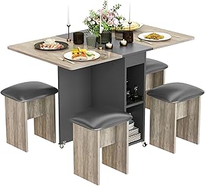Lamerge Folding Dining Table Set for 4, Dinner Table with 4 Leather Chairs and Shelves, Space Saving Foldable Dining Table with 6 Wheels, Kitchen Table Set for Small Spaces (Grey)