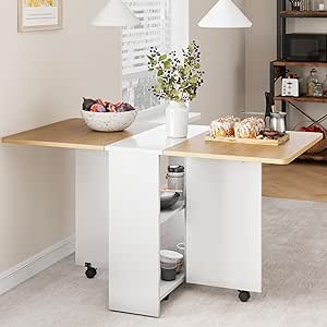 Space Saving Folding Dining Table with 2 Tier Storage-Extendable Drop Leaf Farmhouse Wood Kitchen Dining Room Tables Set for 4, Collapsible Expandable Rectangle Dinner Kitchen Office Furniture