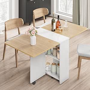 IDEALHOUSE Folding Dining Table, Drop Leaf Dining Table with 6 Wheels and 2-Layer Storage Shelf, Space Saving Dining Table for Small Spaces (Natural Wood, 47.2