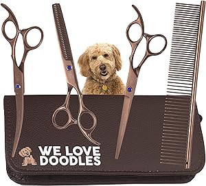 Dog Grooming Scissors Kit - Best Tools For Goldendoodles, Poodles & Doodles - Straight, Curved & Thinning Shears - Golden Doodle Grooming Kit - Professional Grade Steel, 4 Pc Set [We Love Doodles]