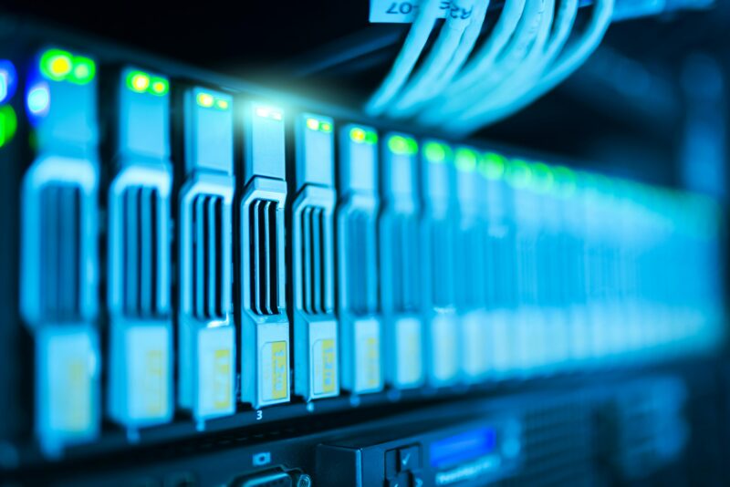 Server rack glowing lights modern data center internet storage