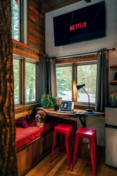 Cabin interior with red stools at Red Room Cabins in Tennessee