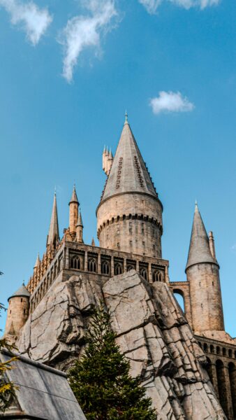 Gothic-style Hogwarts castle spires daytime sky medieval charm.