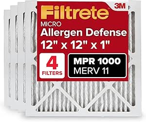 Filtrete 12x12x1 AC Furnace Air Filter, MERV 11, MPR 1000, Micro Allergen Defense, 3-Month Pleated 1-Inch Electrostatic Air Cleaning Filter, 4 Pack (Actual Size 11.81x11.81x0.81 in)