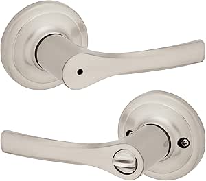 Kwikset Henley Interior Privacy Door Handle with Lock, Door Lever For Bathroom and Bedroom, Satin Nickel Reversible Keyless Turn Lock, with Microban Protection