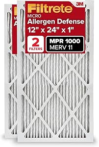 Filtrete 12x24x1 AC Furnace Air Filter, MERV 11, MPR 1000, Micro Allergen Defense, 3-Month Pleated 1-Inch Electrostatic Air Cleaning Filter, Pack of 2 (Actual Size 11.719x23.72x0.85 in)