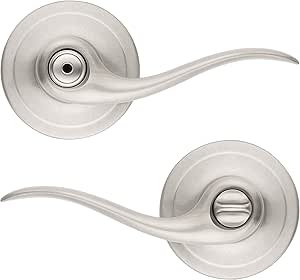 Kwikset Tustin Interior Privacy Door Handle with Lock, Door Lever For Bathroom and Bedroom, Satin Nickel Reversible Keyless Turn Lock, with Microban Protection