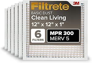 Filtrete 12x12x1 AC Furnace Air Filter, MERV 5, MPR 300, Capture Unwanted Particles, 3-Month Pleated 1-Inch Electrostatic Air Cleaning Filter, 6-Pack (Actual Size11.81x11.81x0.81 in)