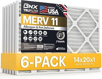 BNX TruFilter 14x20x1 Air Filter MERV 11 (6-Pack) - MADE IN USA - Allergen Defense Electrostatic Pleated Air Conditioner HVAC AC Furnace Filters for Allergies, Dust, Pet, Smoke, Allergy MPR 1200 FPR 7