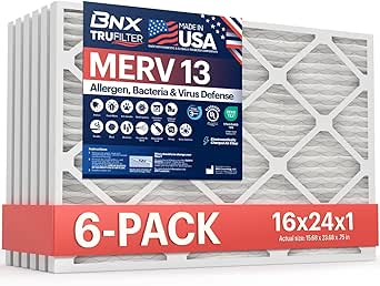 BNX TruFilter 16x24x1 Air Filter MERV 13 (6-Pack) - MADE IN USA - Electrostatic Pleated Air Conditioner HVAC AC Furnace Filters for Allergies, Pollen, Mold, Bacteria, Smoke, Allergen, MPR 1900 FPR 10