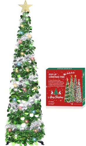 HMASYO 5 FT Pop Up Christmas Tree - Space-Saving Colorful LED Tinsel Tree with Timer, Ideal for Home, Apartment, Office, Party Decor