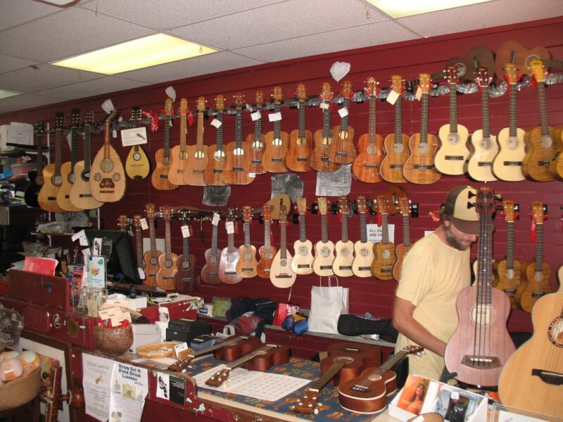 Ukelele shop in Hanalei, Kaua'i. This little instrument gained fame from the national muical hero Israel Kamakawiwo'ole.
