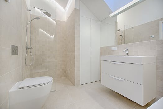 Bright luxurious bathroom with contemporary fixtures and sleek design
