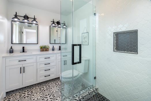 Elegant white bathroom with glass shower and stylish patterned floor