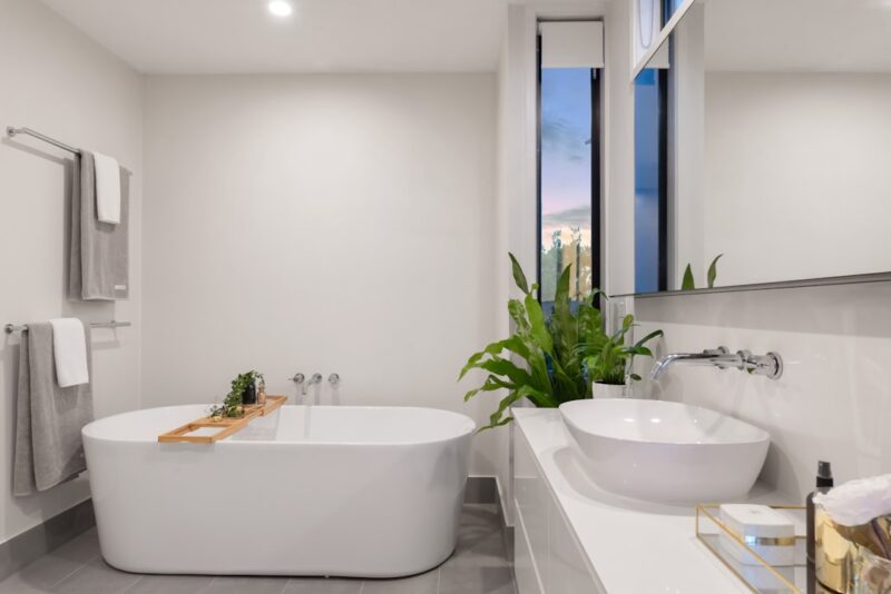 Modern blue and white bathroom design