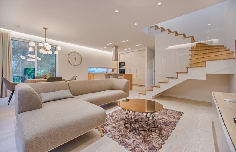 Modern living room interior with daylight and furniture zoning