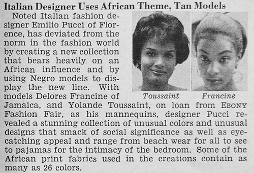 Italian Designer Emilio Pucci Uses African Theme and Models of Color - Jet Magazine, August 6, 1964