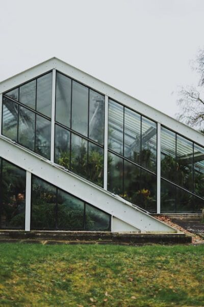 A contemporary greenhouse with a slanted glass design and lush greenery inside
