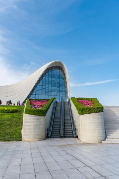 Modern architectural marvel with curved roof design