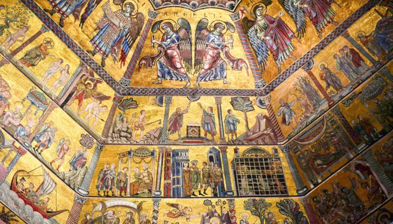 Vibrant mosaics depicting biblical scenes and angels on a cathedral ceiling.