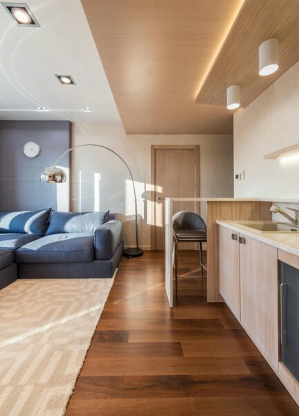 Contemporary living room interior with laminate floors and sleek decor.