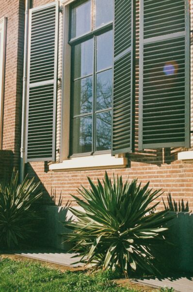 A brick building with greenery.