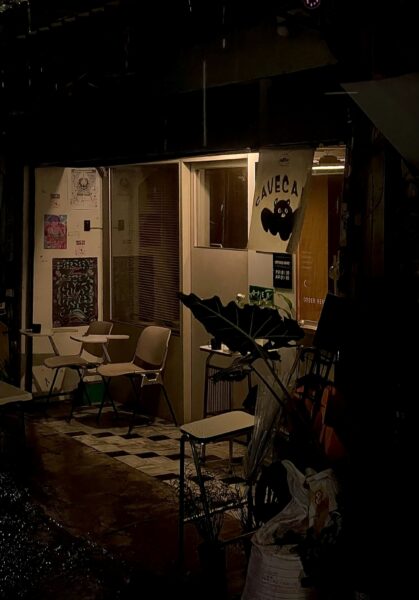 A dark room with a bunch of chairs in it