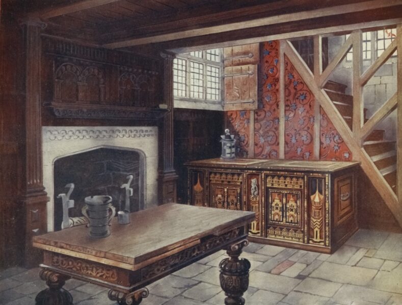 Inlaid nonesuch chest, ca. 1580, at Groombridge Place, with historical carvings and English wallpaper, New York Public Library.