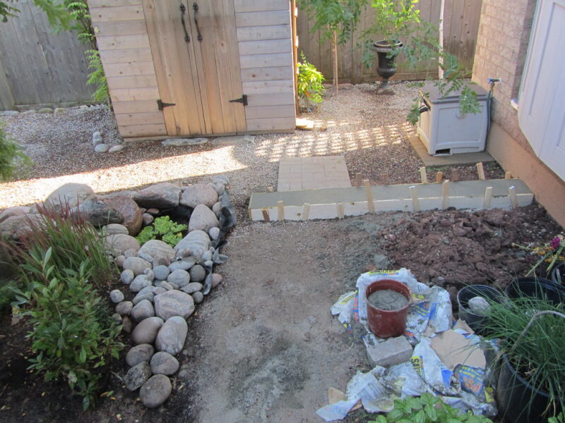 Pond Construction Extending patio for viewing area and walkway