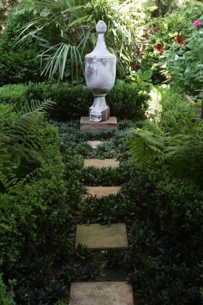Pavers creating a unique pattern at a garden path.