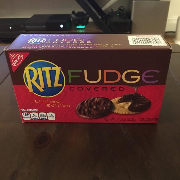 Fudge covered Ritz crackers in holiday cabinet