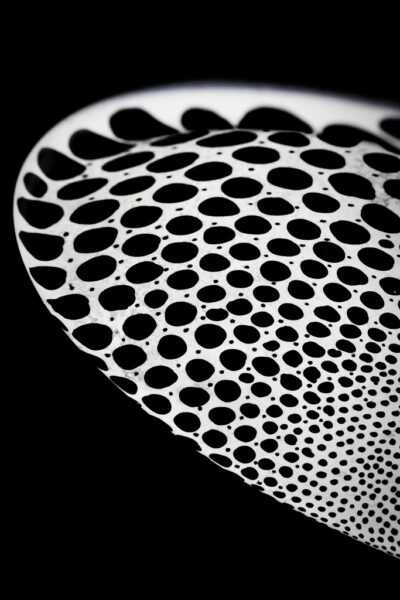 Speckled macro image of abstract design on pottery.