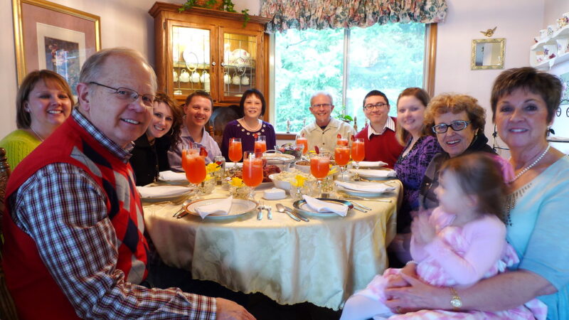 Family at Easter enjoying dinner together.