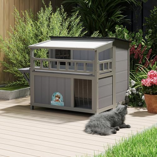 Outdoor Cat House, 2-Tier Warm Wood Cat Shelter with Sunlight Roof