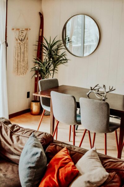 A modern chalet interior featuring a mix of contemporary furniture and natural decor elements.