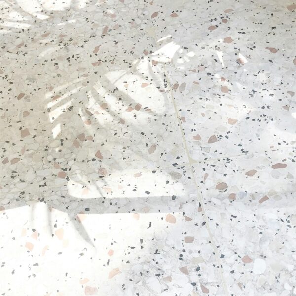 Terrazzo floor with beautiful sunlight and plant shadows creating artistic patterns.