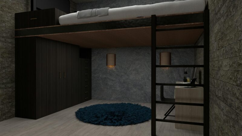Stylish modern loft bedroom with minimalist design and multifunctional furniture