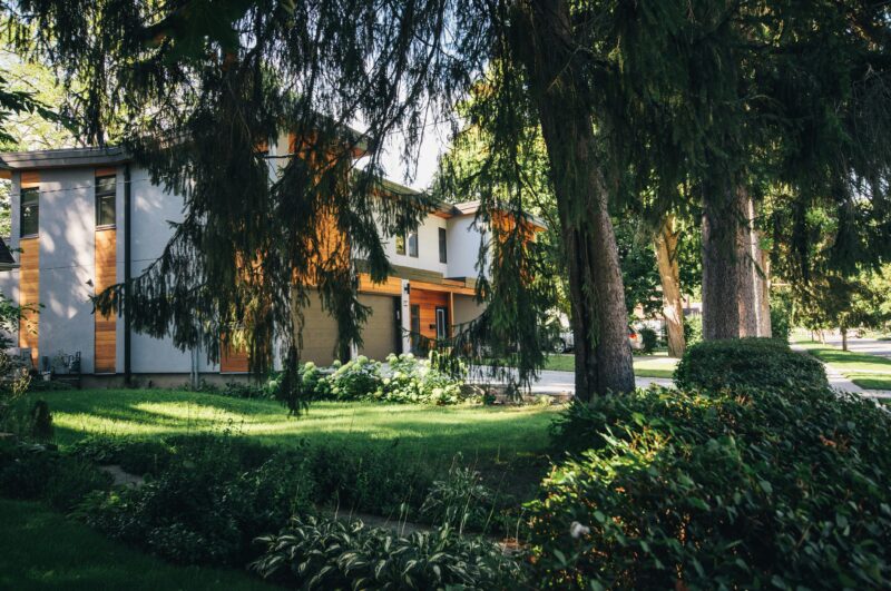 A contemporary residential home surrounded by a vibrant garden and tall trees on a sunny day.